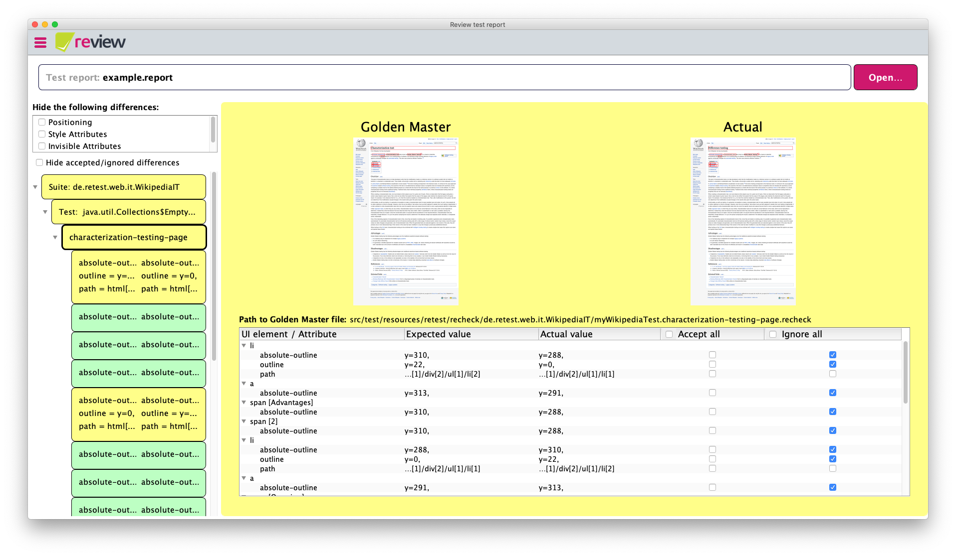 view with open test report